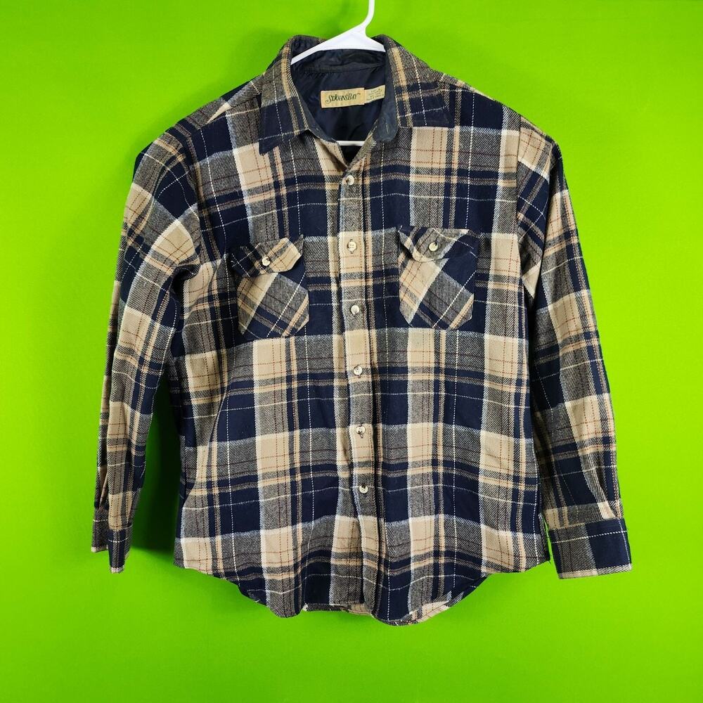 St. Johns Bay Mens Blue & Tan Plaid Button-Up Long-Sleeve Shirt Size Large